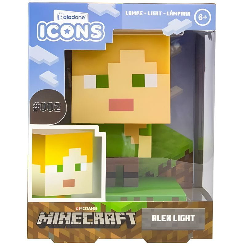 Lámpara Paladone Icon Alex Minecraft: figura pixelada de Alex iluminada, luz cálida LED sobre base tipo bloque de césped, ideal para escritorio o gaming.