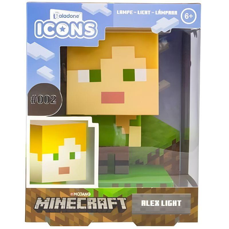 Lámpara Paladone Icon Alex Minecraft: figura pixelada de Alex iluminada, luz cálida LED sobre base tipo bloque de césped, ideal para escritorio o gaming.