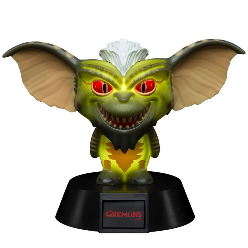 Lámpara Paladone Icon Stripe Gremlins: figura de Stripe con orejas grandes, ojos anaranjados y sonrisa feroz, base negra con logo rojo “Gremlins”.