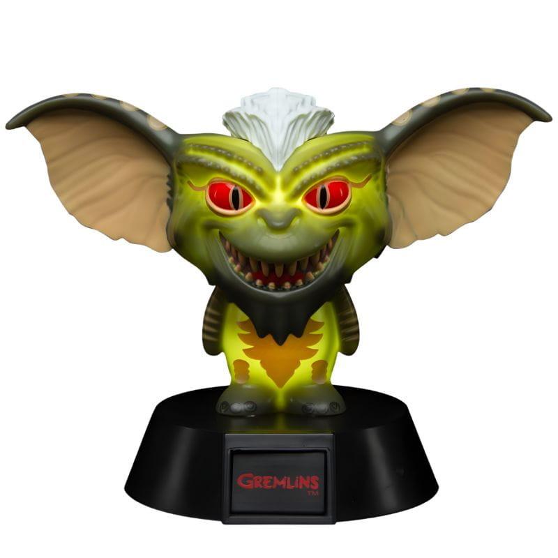 Lámpara Paladone Icon Stripe Gremlins: figura de Stripe con orejas grandes, ojos anaranjados y sonrisa feroz, base negra con logo rojo “Gremlins”.