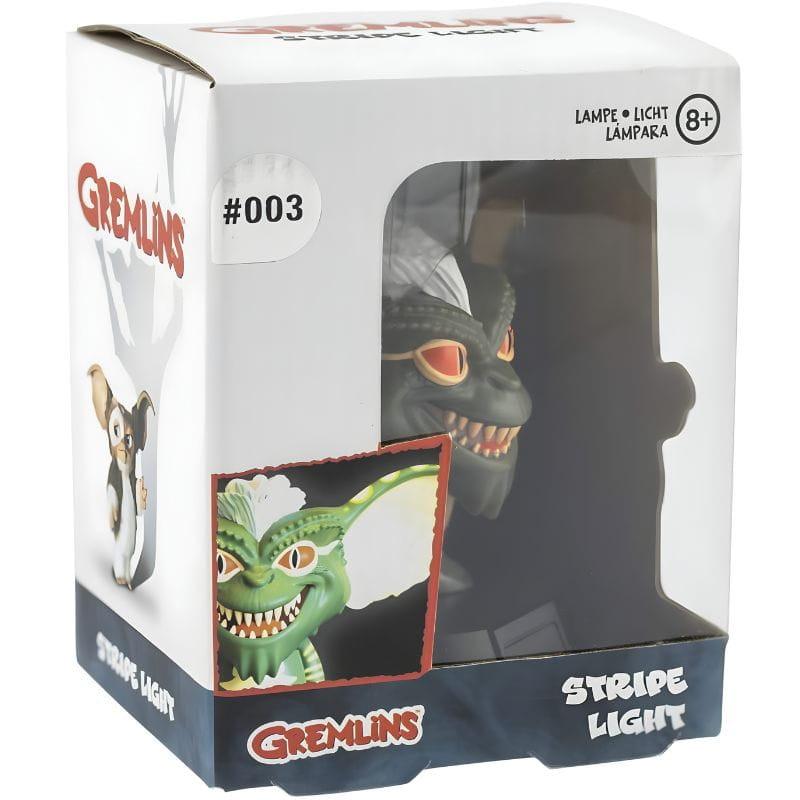 Lámpara Paladone Icon Stripe Gremlins: figura de Stripe con orejas grandes, ojos rojos y sonrisa feroz, luz LED en base negra con logo “Gremlins”.