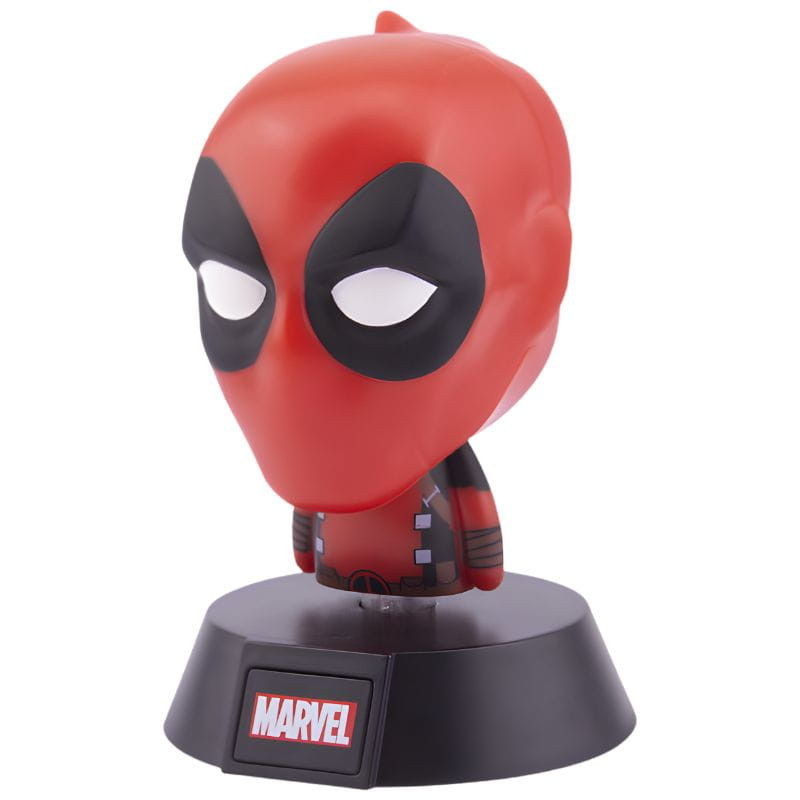 Lampe Paladone Icon Deadpool: buste stylisé rouge et noir, visage illuminé, yeux noirs contrastés, base discrète. Idéale déco geek et lumière