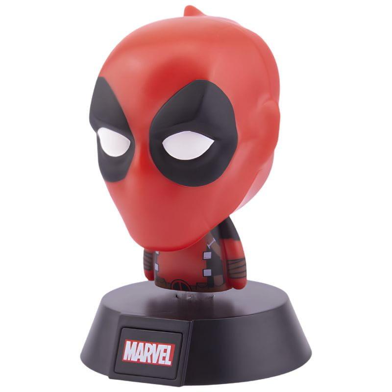 Lampe Paladone Icon Deadpool: buste stylisé rouge et noir, visage illuminé, yeux noirs contrastés, base discrète. Idéale déco geek et lumière