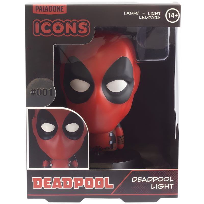 Lampe Paladone Icon Deadpool: buste lumineux rouge et noir, tête stylisée avec yeux blancs, base noire Marvel, décor geek pour bureau ou étagère.