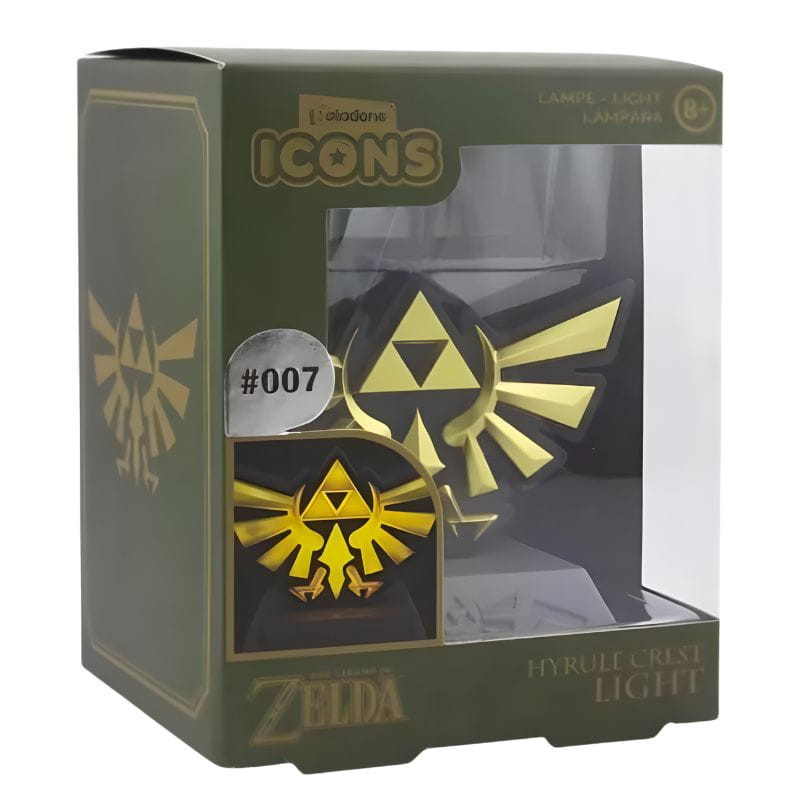 Lámpara Paladone Icons Hyrule Crest: emblema dorado de la Trifuerza iluminado, base negra compacta, ideal para fans de The Legend of Zelda y decoración gamer.
