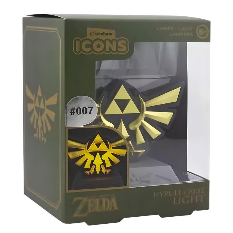 Lámpara Paladone Icons Hyrule Crest: emblema dorado de la Trifuerza iluminado, base negra compacta, ideal para fans de The Legend of Zelda y decoración gamer.