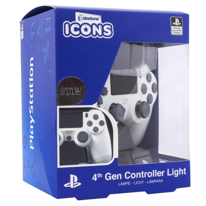 Lámpara Paladone Icon mando PlayStation 4th Gen: luz decorativa con forma de DualShock blanco, base negra, producto oficial PlayStation en caja azul.