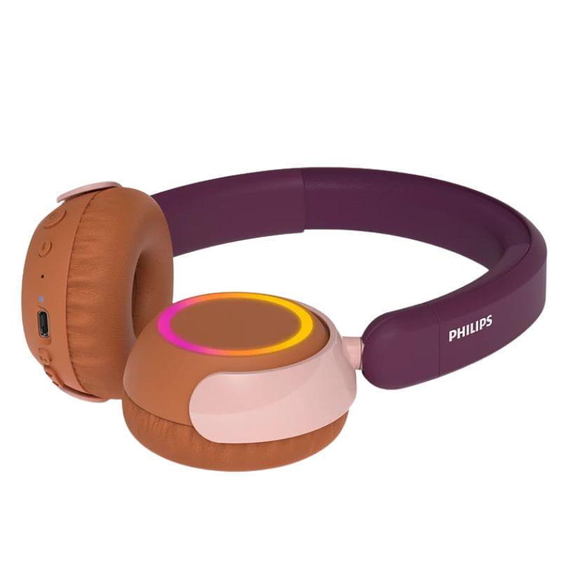 Philips TAK4200MP/00 Laranja: auscultadores infantis on-ear com arco roxo, conchas laranja acolchoadas e detalhes rosa; design compacto e confortável.