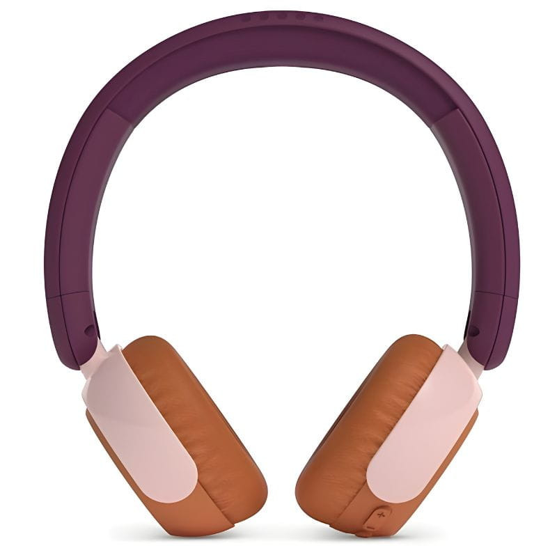 Philips TAK4200MP/00 Laranja: lateral do auscultador infantil com aro circular laranja e LED multicolor, haste roxa e detalhes rosa em design lúdico.