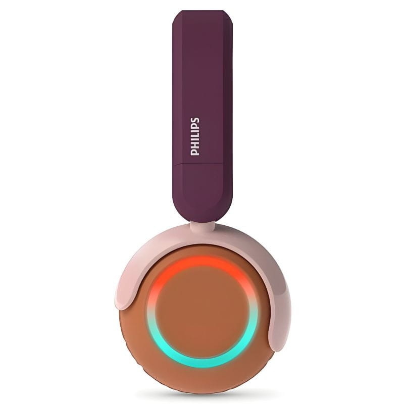 Philips TAK4200MP/00 Laranja: auscultadores infantis com aro roxo, conchas laranja com LEDs coloridos e almofadas rosa; design acolchoado e ajustável.
