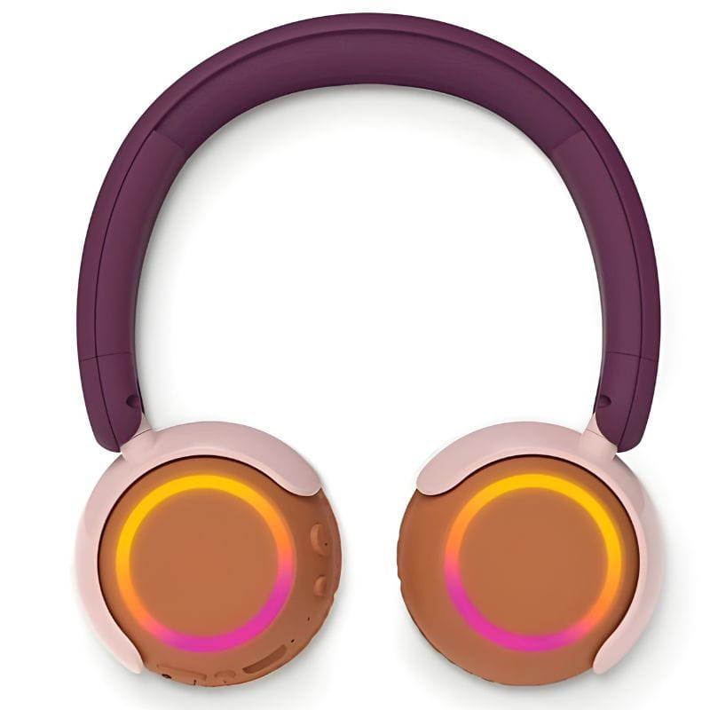 Philips TAK4200MP/00 Laranja: auscultadores infantis dobráveis, almofadas castanhas com detalhes rosa, arco roxo, controlos laterais, design confortável.