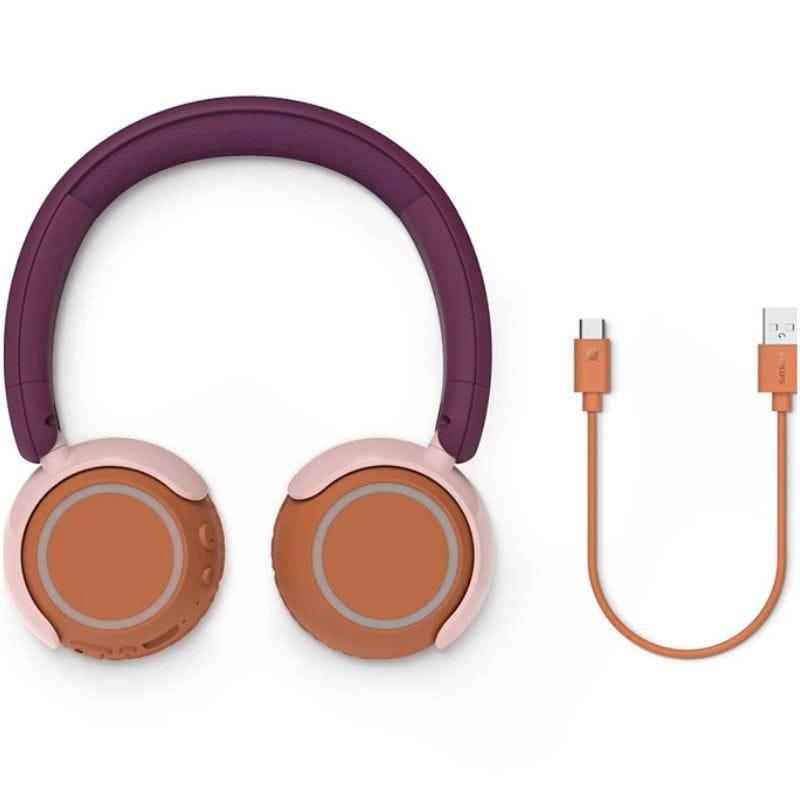 Philips TAK4200MP/00 Laranja: auscultadores infantis com LEDs coloridos, almofadas macias castanhas, arco roxo ajustável e botões laterais acessíveis.