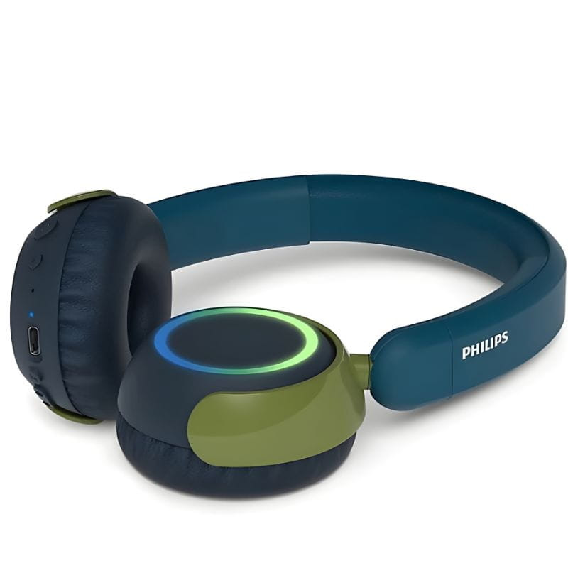 Philips TAK4200CT/00 Vert – Casque enfant pliable, arceau bleu-vert, coussinets rembourrés bleu marine, oreillettes vert olive, design robuste et léger.