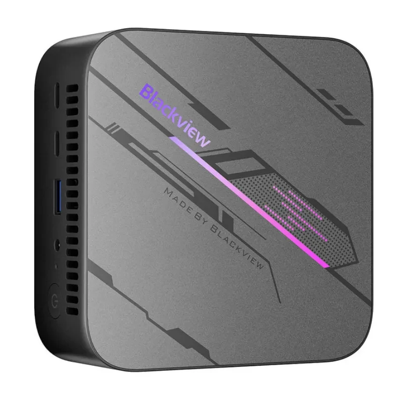 Vue avant du mini PC Blackview MP100 avec détails gaming