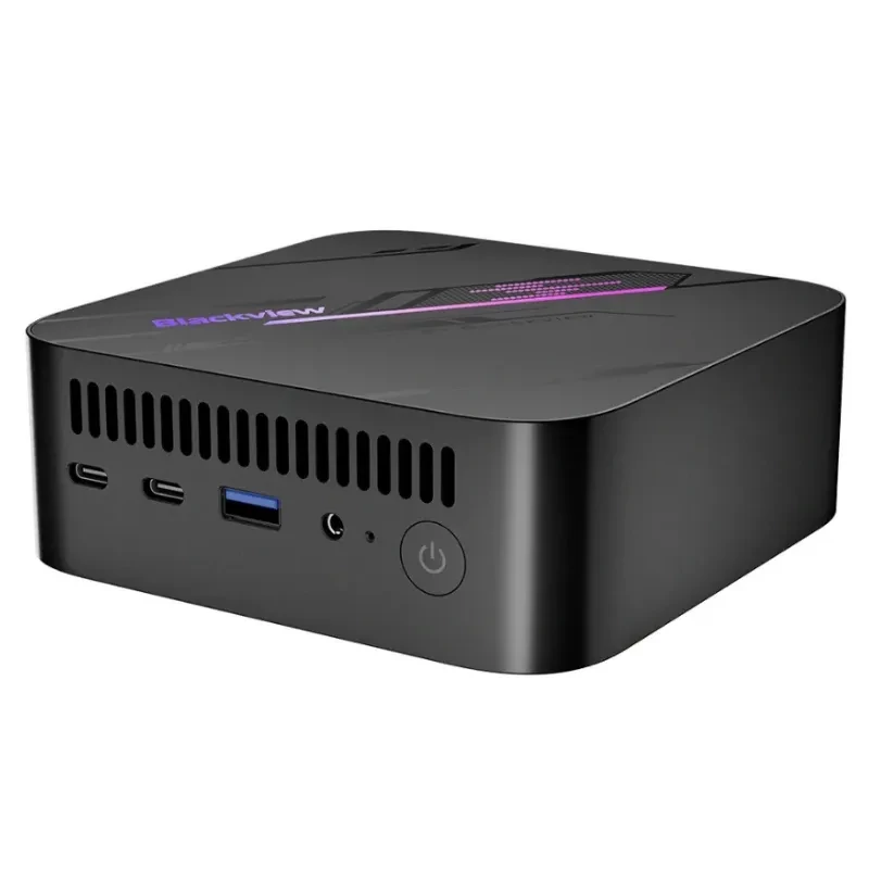 Vue à 45 degrés du Blackview MP100 avec ventilation et ports