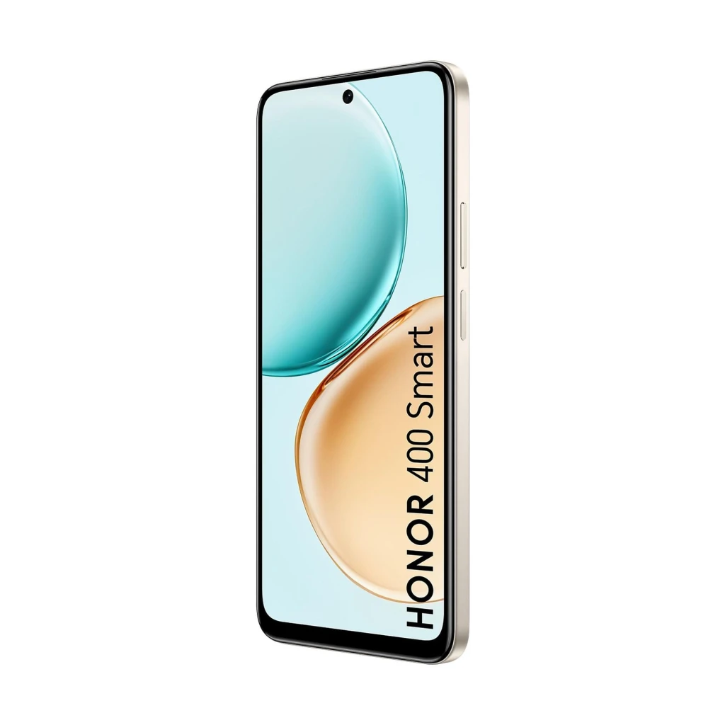 Honor 400 Smart 4G Dourado com tela ampla de bordas finas, furo central para câmera frontal, laterais metálicas elegantes e logotipo HONOR vertical na frente