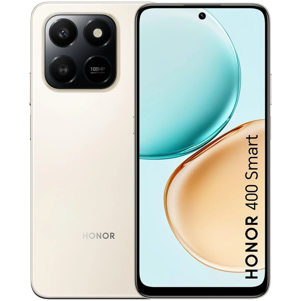 Honor 400 Smart 4G dourado com tela ampla de bordas finas, furo central para câmera frontal e módulo traseiro com três lentes destacadas e flash integrado
