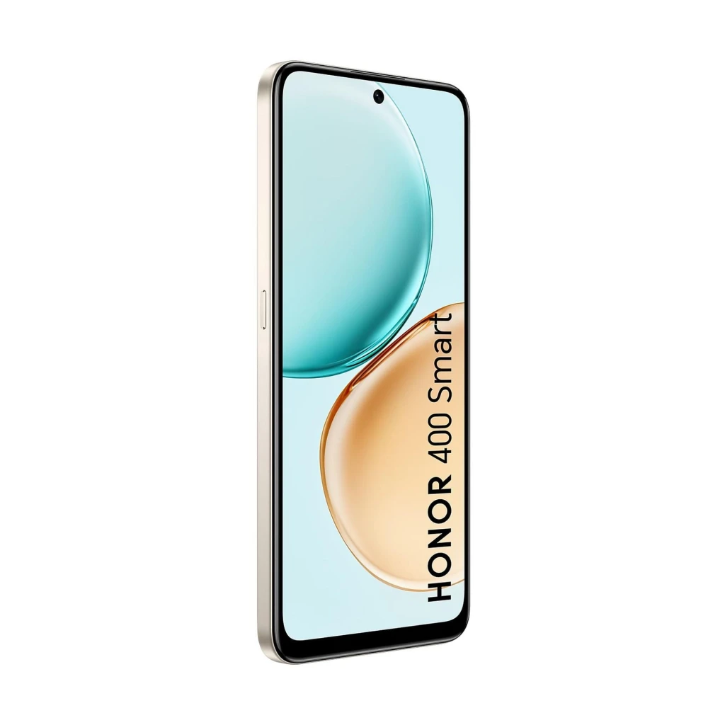 Honor 400 Smart 4G dourado com tela ampla de bordas finas, furo central para câmera frontal e laterais metálicas elegantes; design fino e moderno