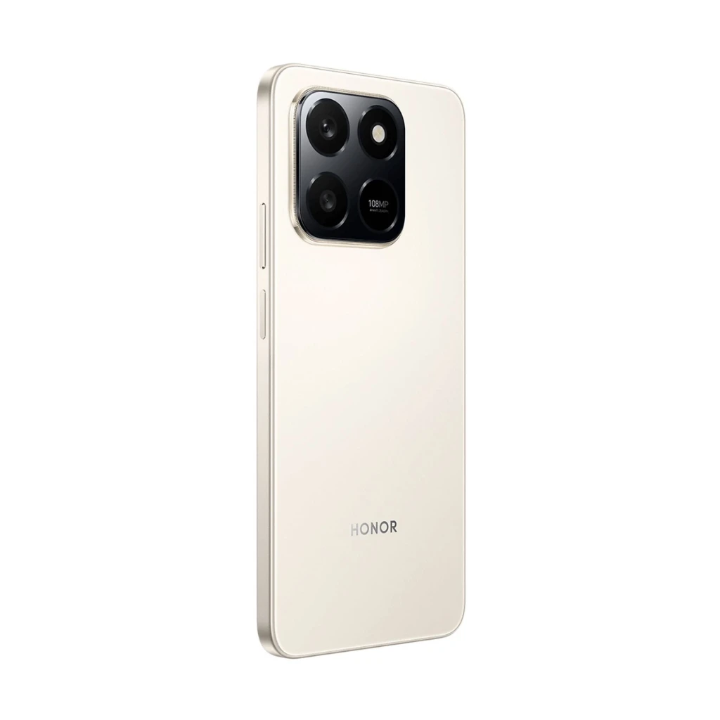 Honor 400 Smart 4G 6GB/128GB Dourado com traseira dourada elegante, módulo de câmera quadrado com três lentes grandes e flash, acabamento metálico fino