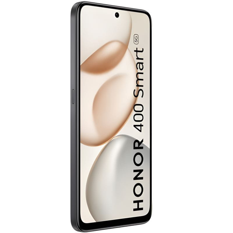 Honor 400 Smart 4G 6GB/128GB negro con pantalla borde a borde, cámara frontal en orificio centrado y marco delgado; diseño elegante y acabado oscuro