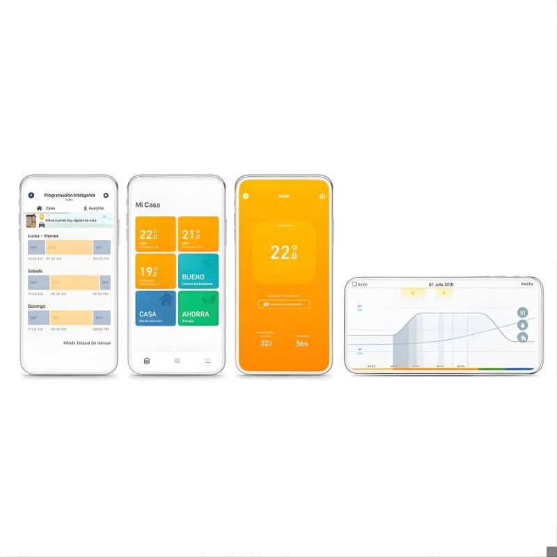 Tado Pack x4 Cabeça Termostática Inteligente: app com ecrãs de temperatura, modos Casa/Ausente, horários e gráficos, controle aquecimento em tempo real.