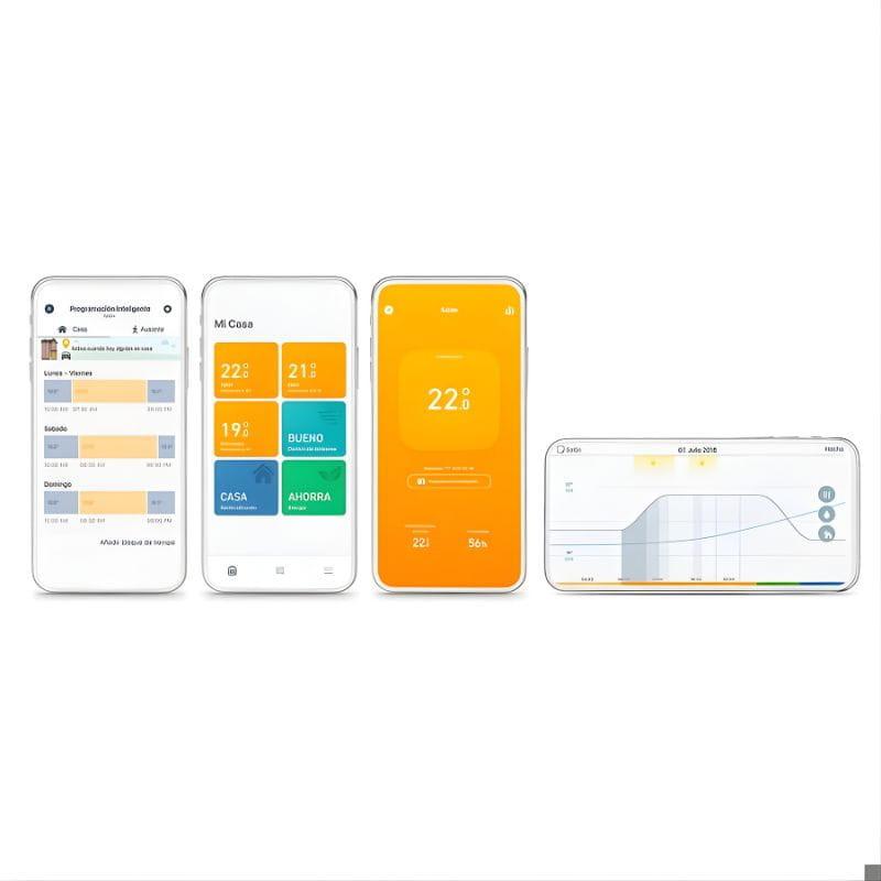 Tado Pack x4 Cabeça Termostática Inteligente: app com ecrãs de temperatura, modos Casa/Ausente, horários e gráficos, controle aquecimento em tempo real.