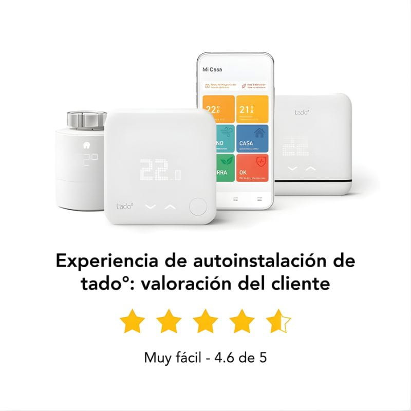 Tado Pack x4 Cabeça Termostática Inteligente: cabeças brancas com visor LED, hub e app móvel; controle de aquecimento, avaliações 4.6/5, instalação