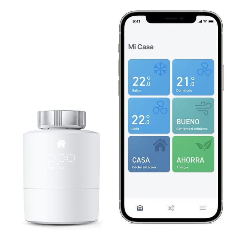 Tado Pack x4 Cabeça Termostática Inteligente: app em smartphone mostra economia de energia, geolocalização, janela aberta e adaptação meteorológica.
