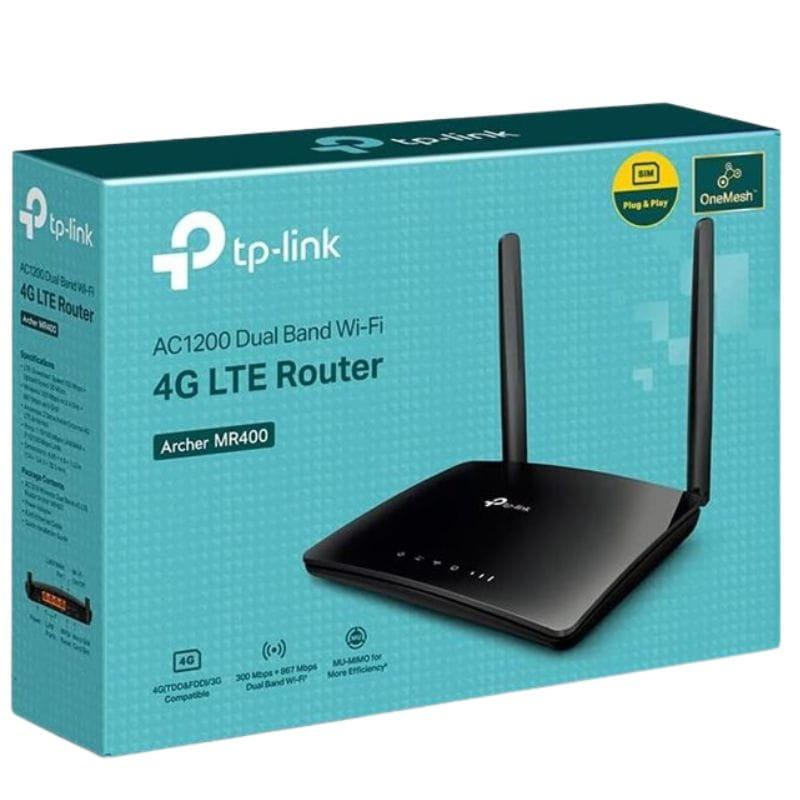 TP-Link Archer MR400 noir avec 2 antennes, ports Ethernet orange, slot nano SIM 4G LTE; design brillant, indicateurs lumineux discrets.