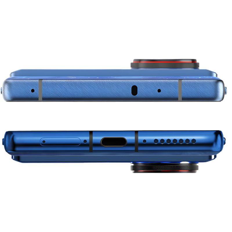 Smartphone Nubia Z80 Ultra 5G, coloris Nuit étoilée: écran bord à bord incurvé, châssis bleu, bouton latéral rouge, design premium et fin.
