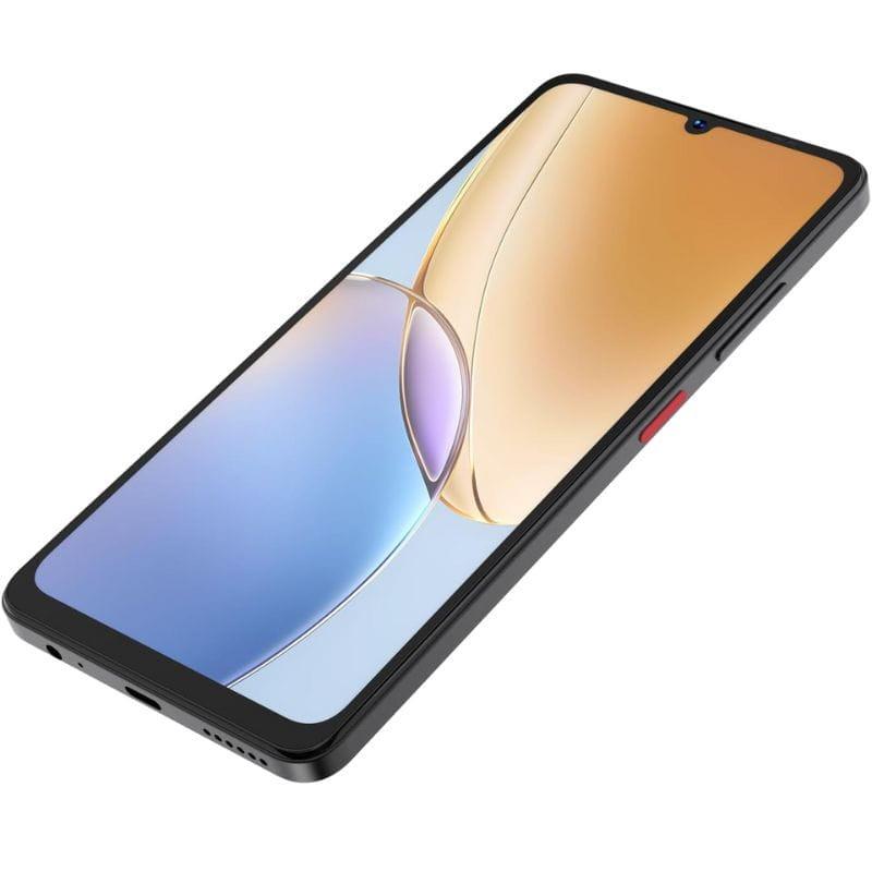 ZTE Blade A56 4GB/64GB Preto com tela grande de bordas finas, notch em gota, corpo fino em preto fosco, botão lateral vermelho e porta USB inferior.