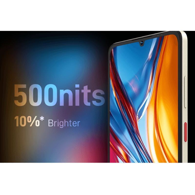 ZTE Blade A56 4GB/64GB Preto com ecrã de 6,75", moldura fina e notch em gota; painel brilhante com tons azul e dourado refletidos. Ideal para multimédia.