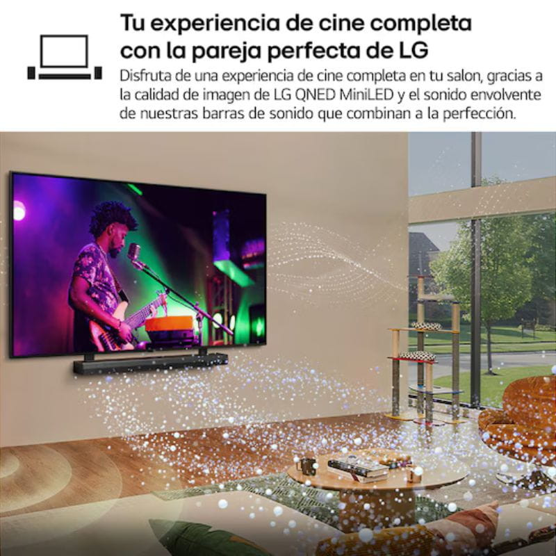 LG AI 65QNED92A6A 65 pulgadas QNED evo MiniLED 4K UHD en sala moderna, pantalla grande con colores vivos y barra de sonido debajo para audio inmersivo