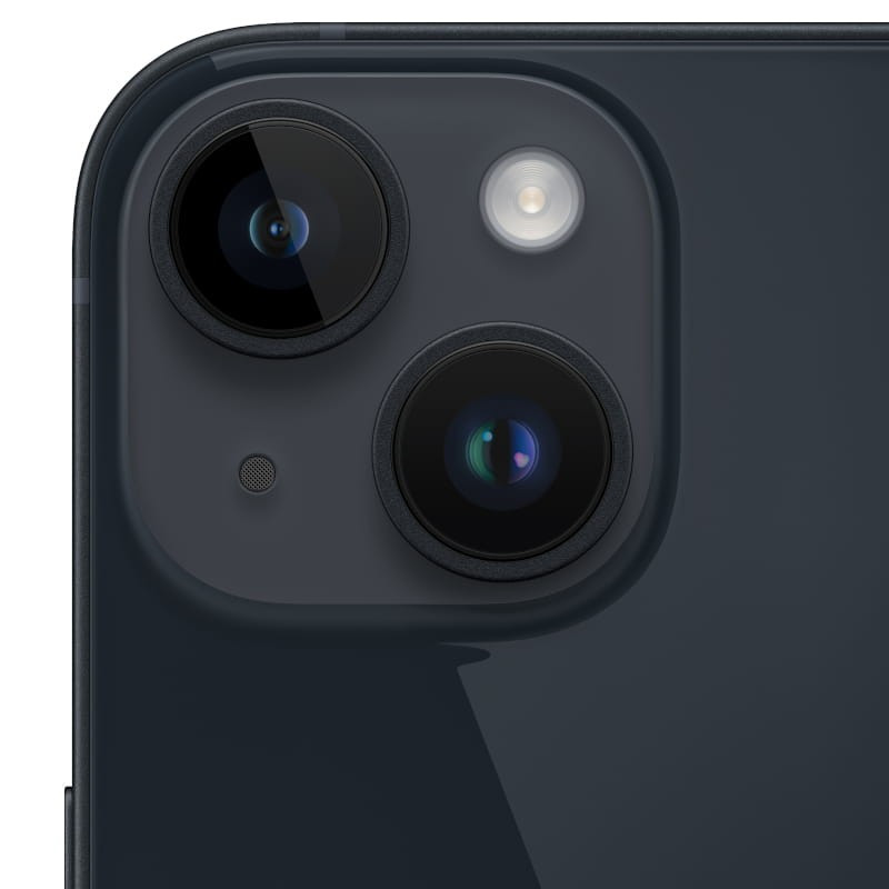 Módulo de cámara trasera del iPhone 14 Plus en color Medianoche: doble lente grande con flash LED y micrófono, acabado brillante renovado en excelente