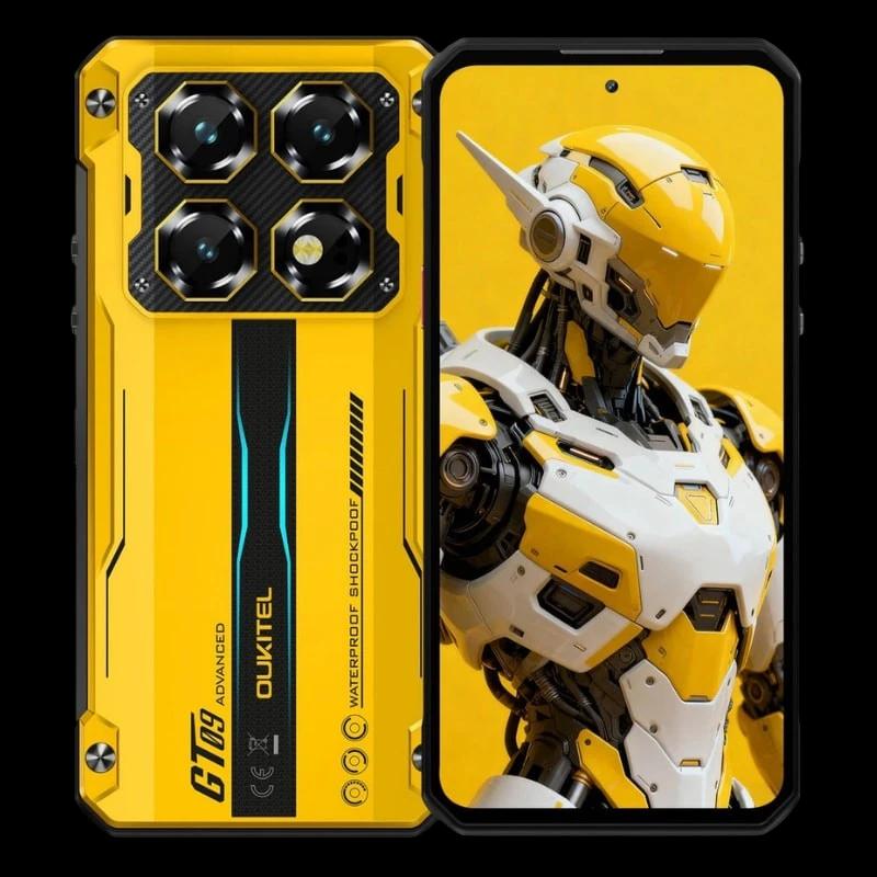 Oukitel WP60 5G amarillo resistente, trasera robusta con 4 cámaras en módulo cuadrado, detalles negros y azules; frontal con pantalla completa edge-to-edge.