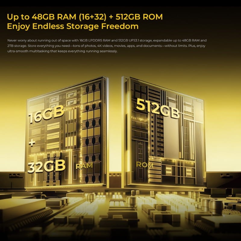 Módulos dorados de memoria: 16+32GB RAM y 512GB ROM grabados, diseño tecnológico en 3D sobre placa, enfatizando capacidad y rendimiento.