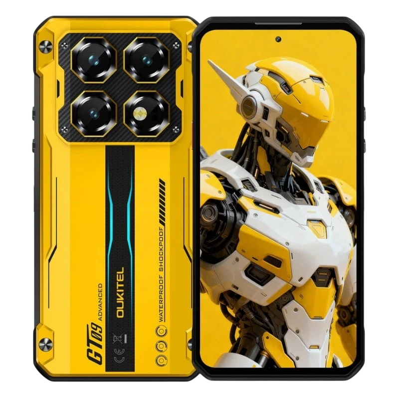 Oukitel WP60 5G amarillo, cuerpo rugerizado con bordes reforzados, módulo trasero con 4 cámaras y acentos en negro/azul; pantalla con biseles finos.
