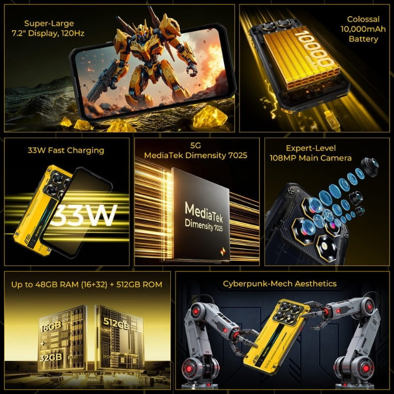 Oukitel WP60 5G amarillo: pantalla 7.2" 120Hz, batería 10,000mAh, carga 33W, cámara 108MP, diseño rugged ciberpunk, 12GB+512GB, Dimensity 7025.