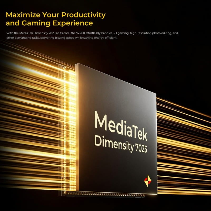 Chip MediaTek Dimensity 7025 resaltado con efectos de velocidad dorados, simbolizando potencia, eficiencia y rendimiento 5G para el Oukitel WP60 Rugged.