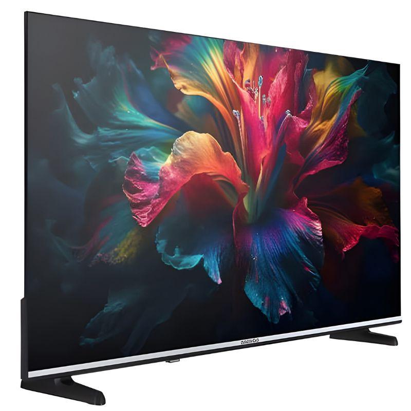 TV DAEWOO 43DM56QV 43" UHD Smart TV com tela fina sem bordas aparentes, cores vibrantes em 4K, base dupla preta e acabamento elegante.