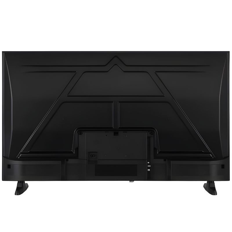 Parte traseira da TV DAEWOO 43DM56QV: painel preto com entradas centrais, saídas de som inferiores, pés laterais e acabamento angular moderno.