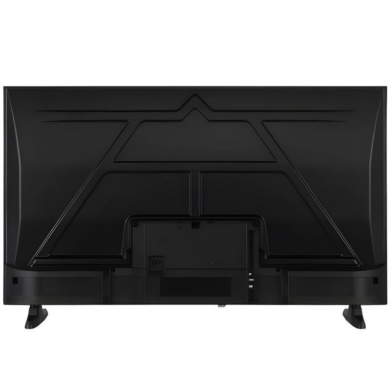 Parte traseira da TV DAEWOO 43DM56QV: painel preto com entradas centrais, saídas de som inferiores, pés laterais e acabamento angular moderno.