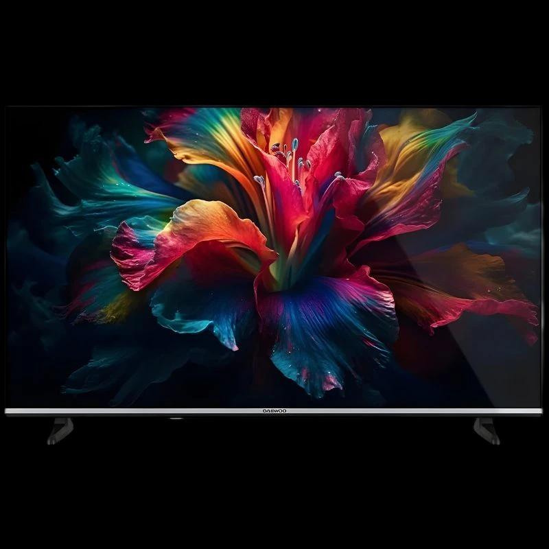 TV DAEWOO 43DM56QV 43" UHD Smart TV com tela fina, bordas estreitas e imagem vívida de alto contraste; base dupla discreta e design elegante.