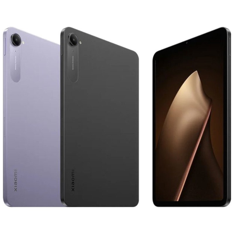 Tableta Xiaomi Pad Mini lila y negra con cuerpo delgado, cámara trasera única con módulo vertical, pantalla casi sin bordes y acabado mate elegante