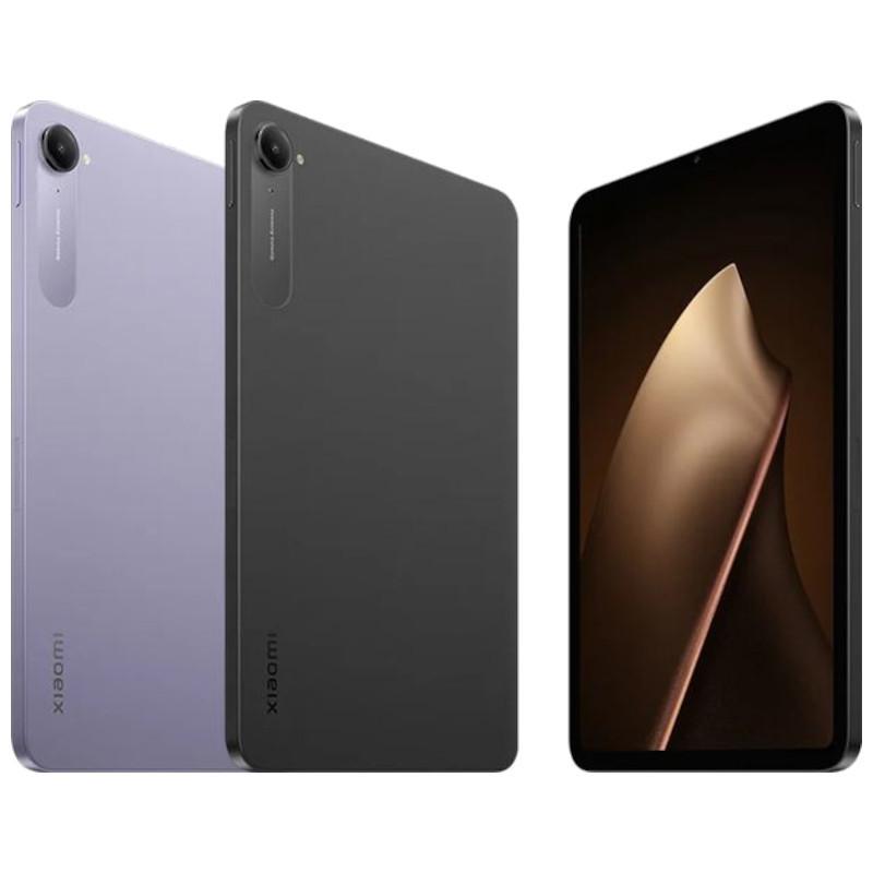 Tableta Xiaomi Pad Mini lila y negra con cuerpo delgado, cámara trasera única con módulo vertical, pantalla casi sin bordes y acabado mate elegante