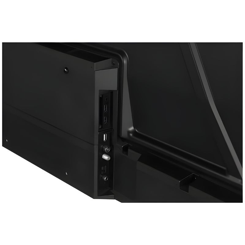 DAEWOO 50DM56QV 50" UHD Smart TV: painel traseiro com portas HDMI, USB e antena, acabamento preto fosco, design fino para instalação limpa e organizada.