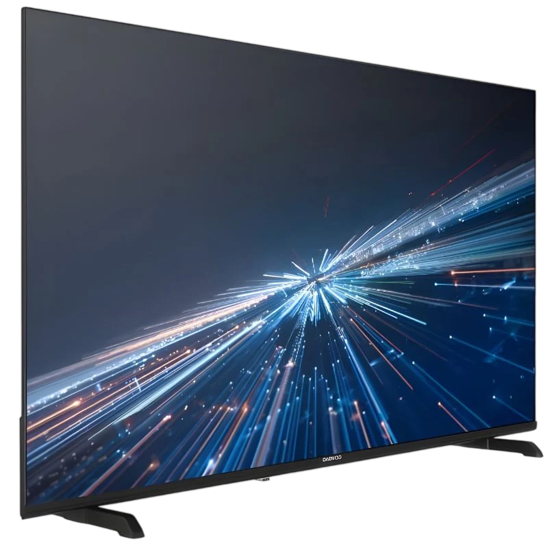 DAEWOO 50DM56QV 50" UHD Smart TV com tela fina, bordas estreitas, suporte duplo e imagem 4K nítida; design moderno para salas e entretenimento.