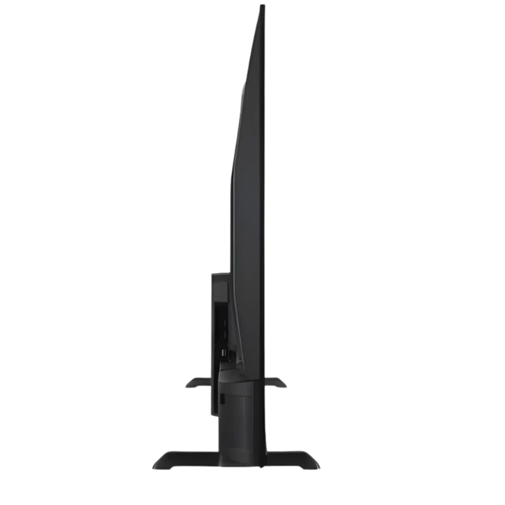 DAEWOO 50DM56QV 50 UHD Smart TV con perfil ultradelgado, biseles mínimos y base doble estable; conectores traseros accesibles y acabado negro elegante
