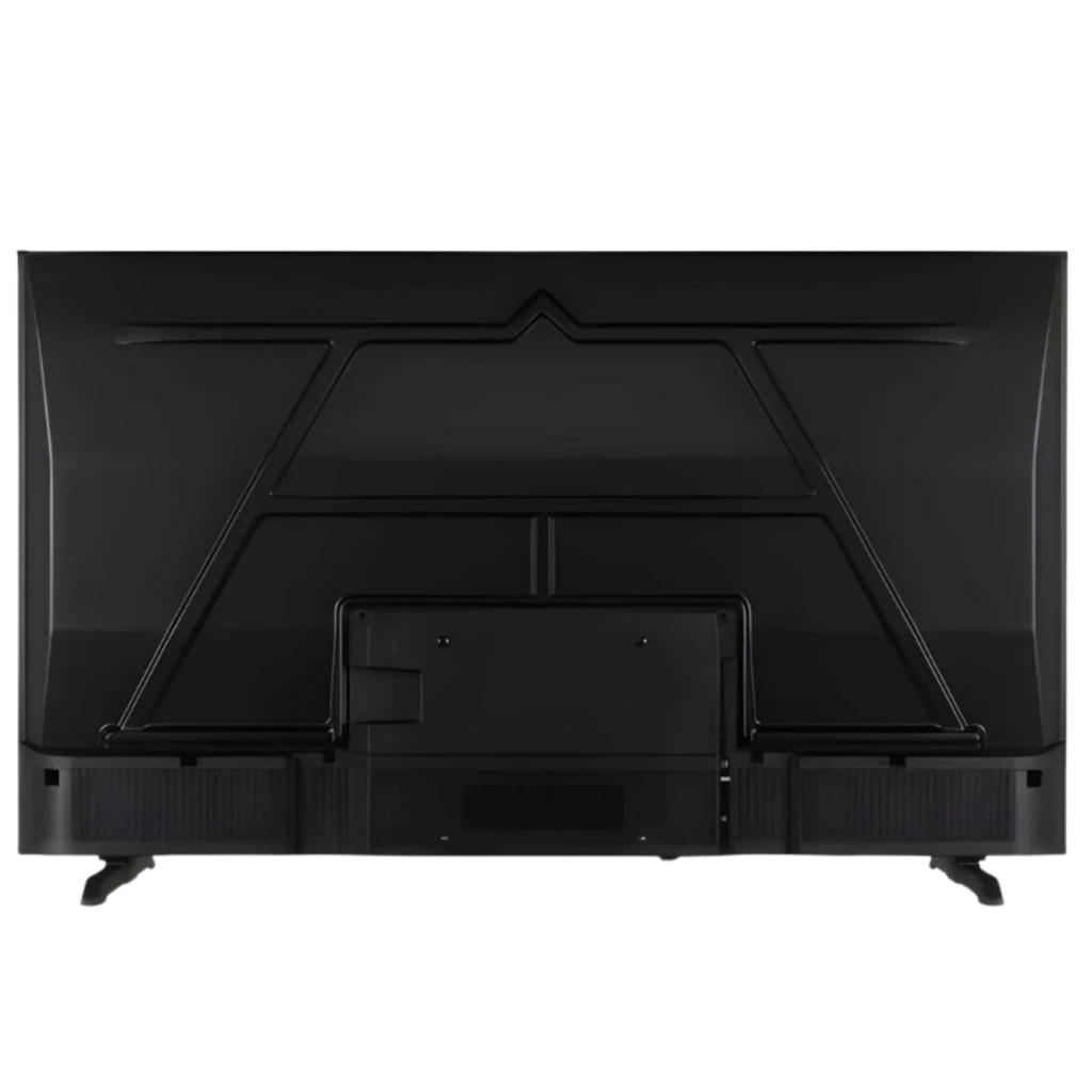 DAEWOO 50DM56QV 50 pulgadas UHD Smart TV, vista trasera en negro con panel central, rejillas de ventilación y patas laterales estables