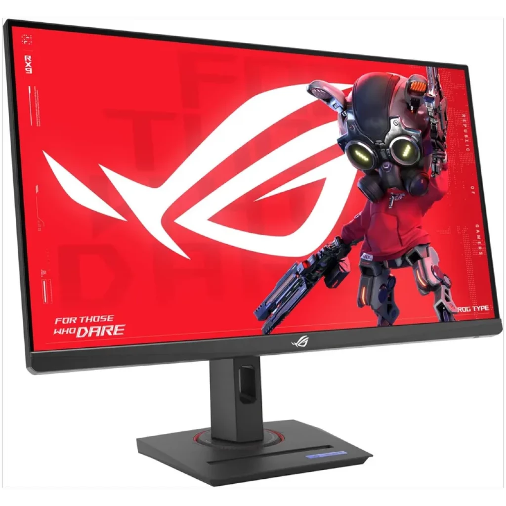 Monitor ASUS ROG Strix XG27UCG 27 pulgadas 4K Ultra HD, panel LCD negro con biseles finos, soporte ajustable y pantalla con arte gamer en rojo